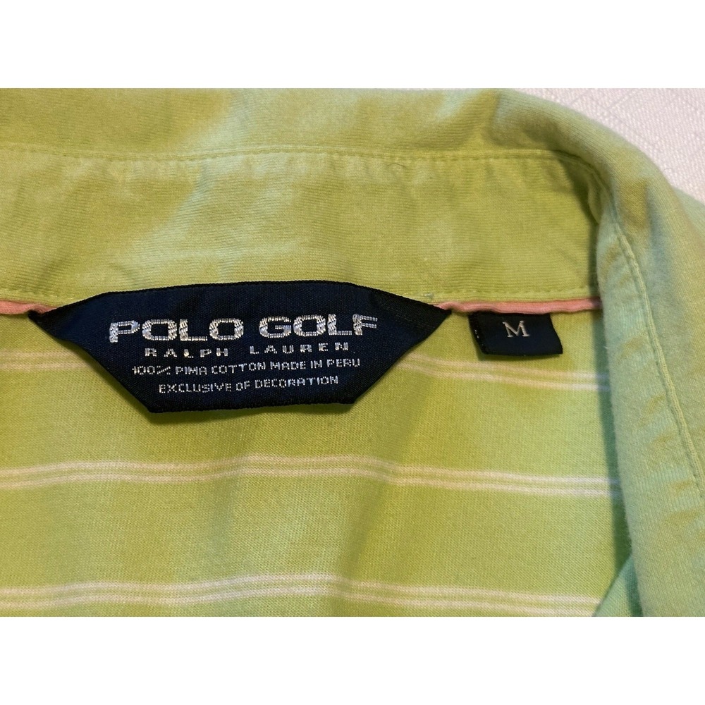 Polo Golf Mens Striped Polo Shirt Size M Green White‎ 100% Pima Cotton Golf Logo
